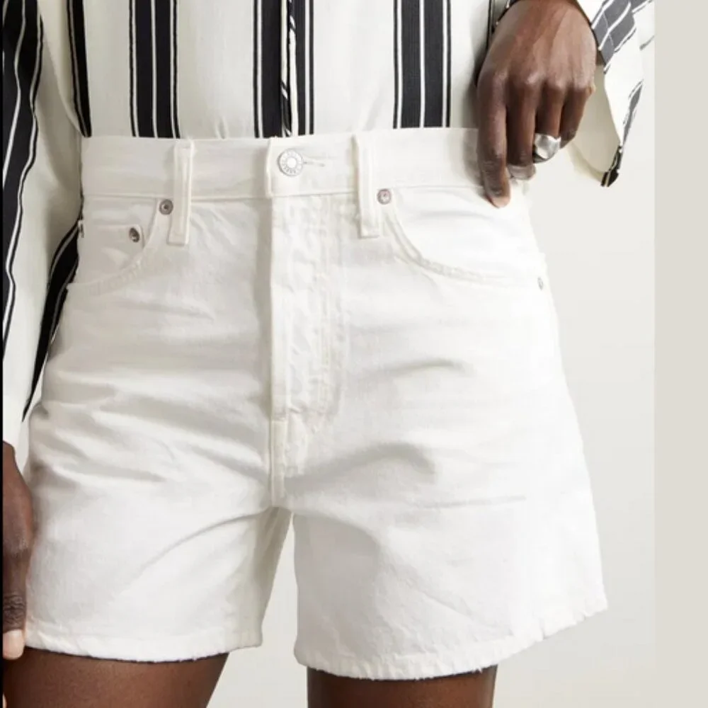 30 Agolde High Rise Short Parker Long Organic Cotton White Button Closure Denim - Picture 1 of 16